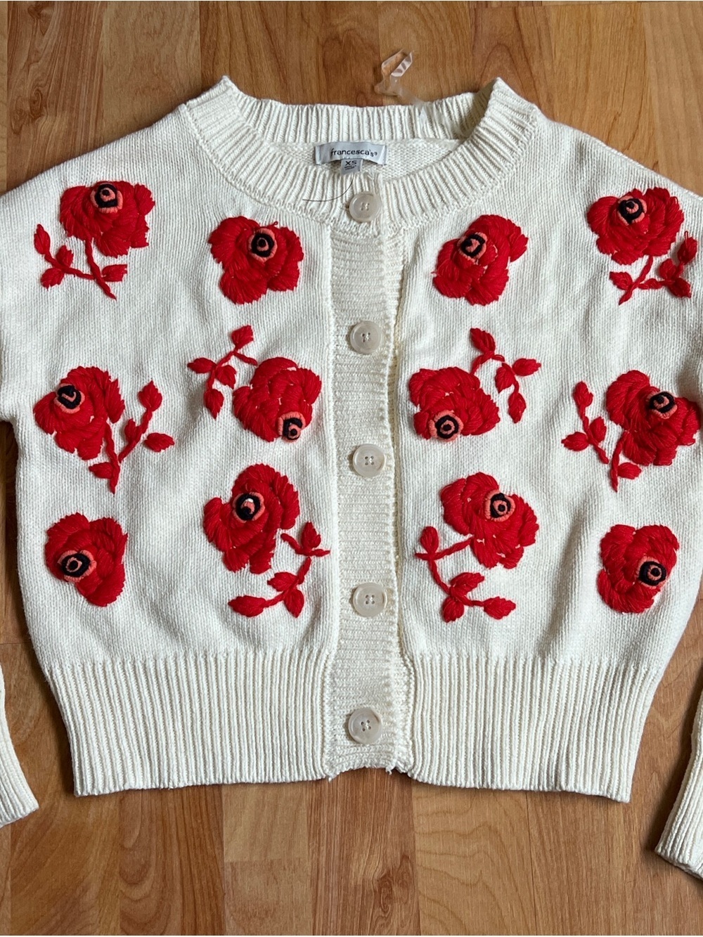 VGUC Francesca's Collections Cream Cardigan with Red Rose Embroidery